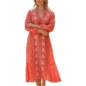 Coral Embroidered Midi Dress